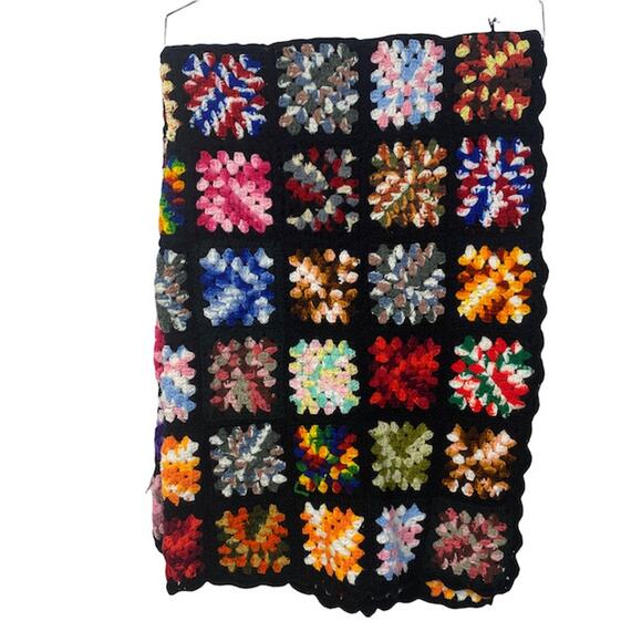 Granny Squares Colorful Crochet Afghan Throw Handmade BOHO 50" x 66" Black Knit - Picture 4 of 7